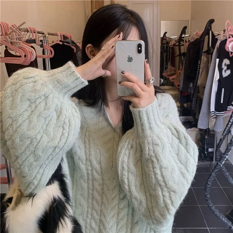 Oversized Sweater Women Fashion Preppy Pink V Neck Knitted Pullovers Harajuku Korean Long Sleeve Knitwear Winter Jumpers