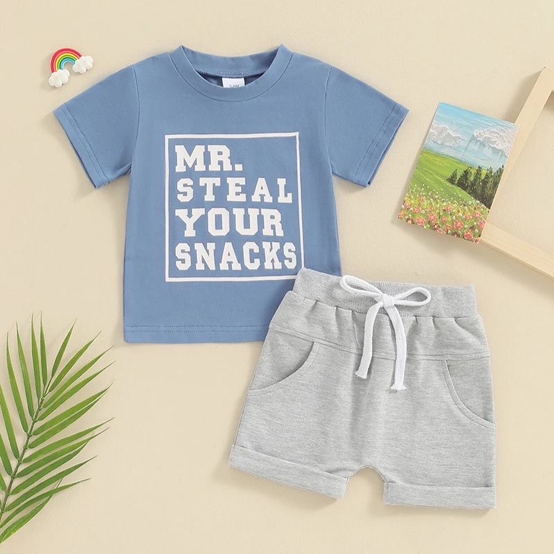 FOCUSNORM 0-3Y Toddler Baby Boys Summer Clothes Sets 2pcs Short Sleeve Letter Print Tops + Elastic Waist Shorts