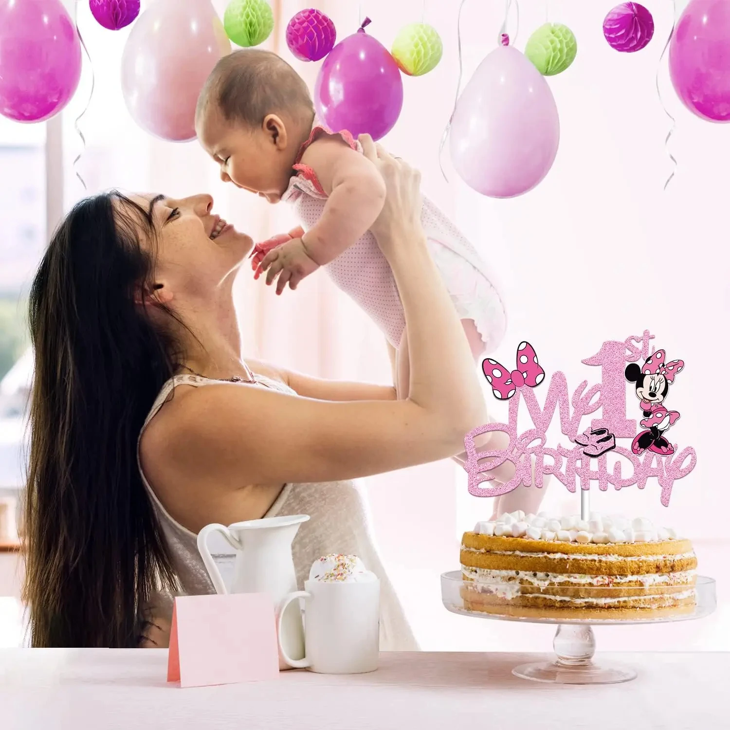 Decoraciones para pastel de Minnie Mouse rosa para niños, Mickey y Minnie  Mouse para adorno para pastel de fiesta de cumpleaños, suministros de  bandera para pastel de Baby Shower, 1 año de edad - ..., image size:1500x1500