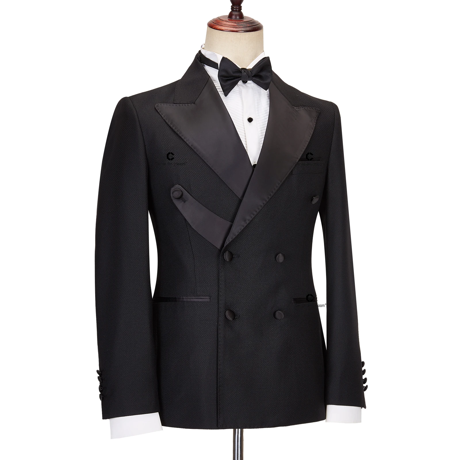 Cenne Des Graoom 2024 New Elegant Tuxedo Suits for Men Double Breasted Black Satin Collar Jacket Pant 2Pcs Set Wedding Evening 3