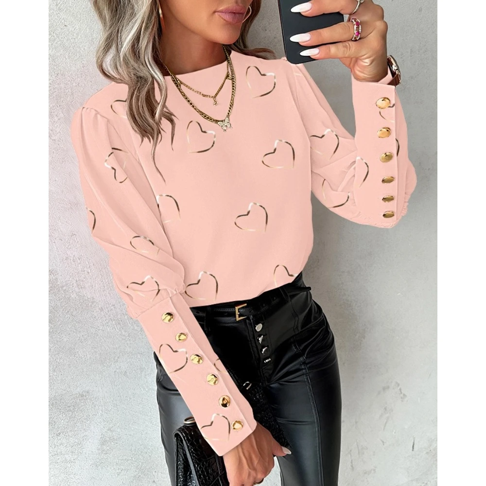 

2024 Women Heart Print Gigot Sleeve Top Casual Back Buttoned Decor Blouse Spring Fashion Femme Round Neck Tee Shirts Streetwear