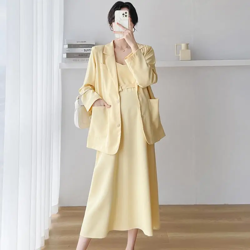 Autumn Pregnant Women's 2pcs Suits Set Office Lady Elegant Clothes Set Long Sleeve Blazers Strap Dress Twinset Green Yellow
