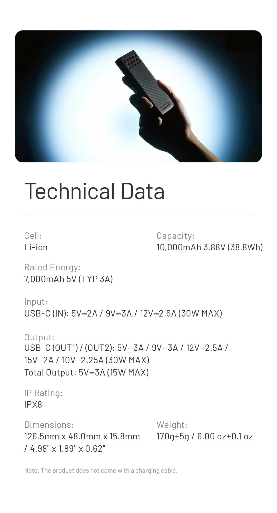 10000mAh CARBO 10000 Gen2 30W max Output Carbon Fiber Mobile Power Bank Professi