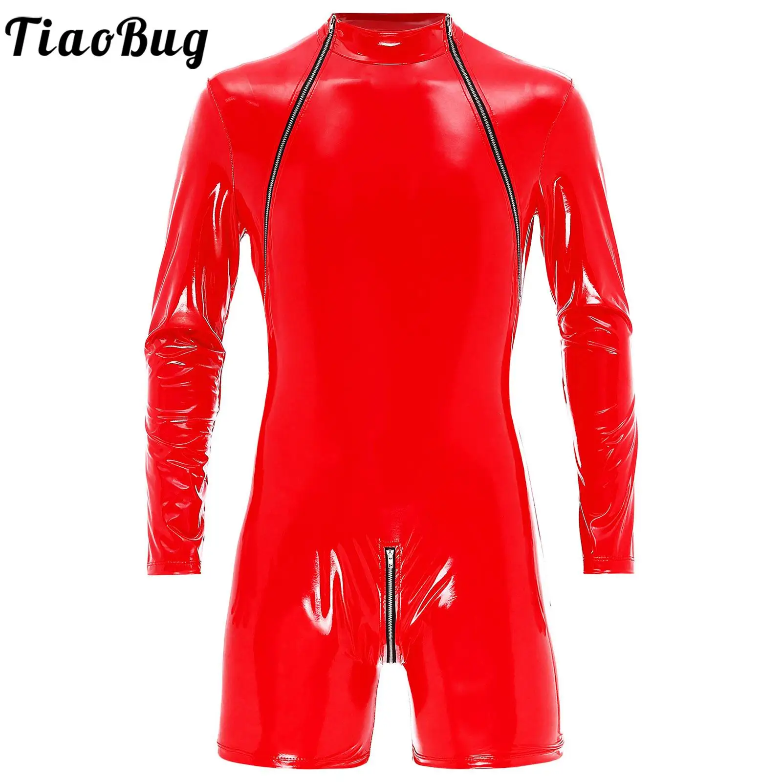 

Men's Shiny Latex Catsuit Jumpsuit Patent Leather Zipper Boxer Bodysuit Leotard Long Sleeve Clubwear Stage Performance Costume