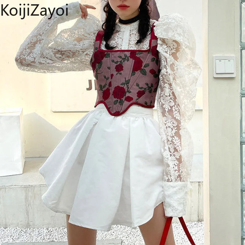 

Koijizayoi Sweet Women Three Pieces Set Lace Tranparent Blouse Vintage Cropped Vest A Line High Waist Mini Short Skirt Outfits