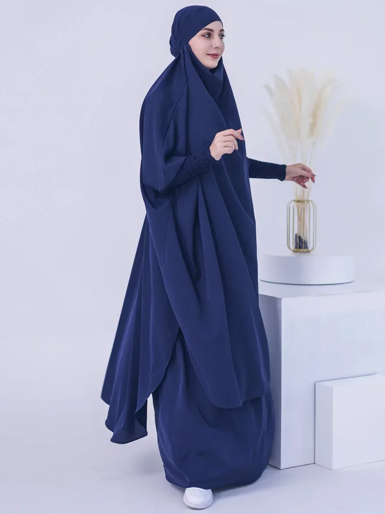 Jilbab for Woman 2 Pieces Set Smocking Sleeve Extra Long Overhead Abaya Long Khimar Skirt Niqab Suit Islam Muslim Prayer Outfit