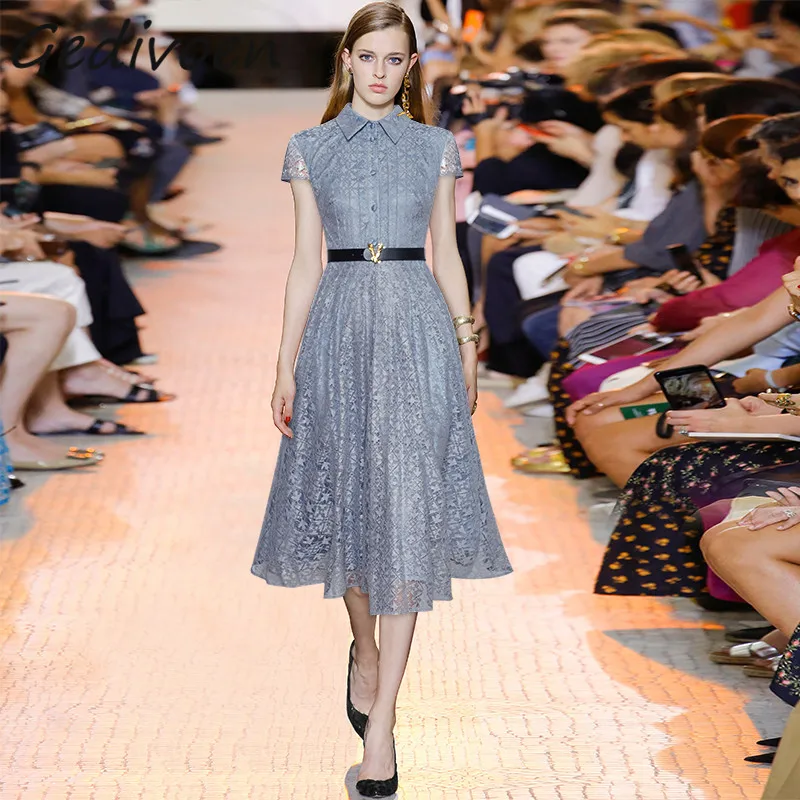 

Gedivoen Summer Fashion Runway Vintage Lace Jacquard Dress Women Turn-down Collar Button Sashes Gathered Waist Party Midi Dress