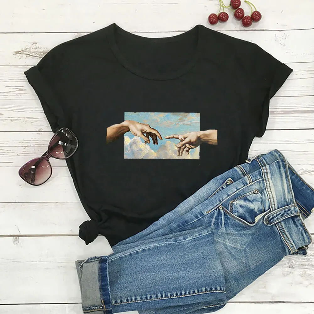 

Summer Fashion Michelangelo The Creation of Adam hands Printed T-Shirt Women Tumblr Grunge Graphic Tee Tops