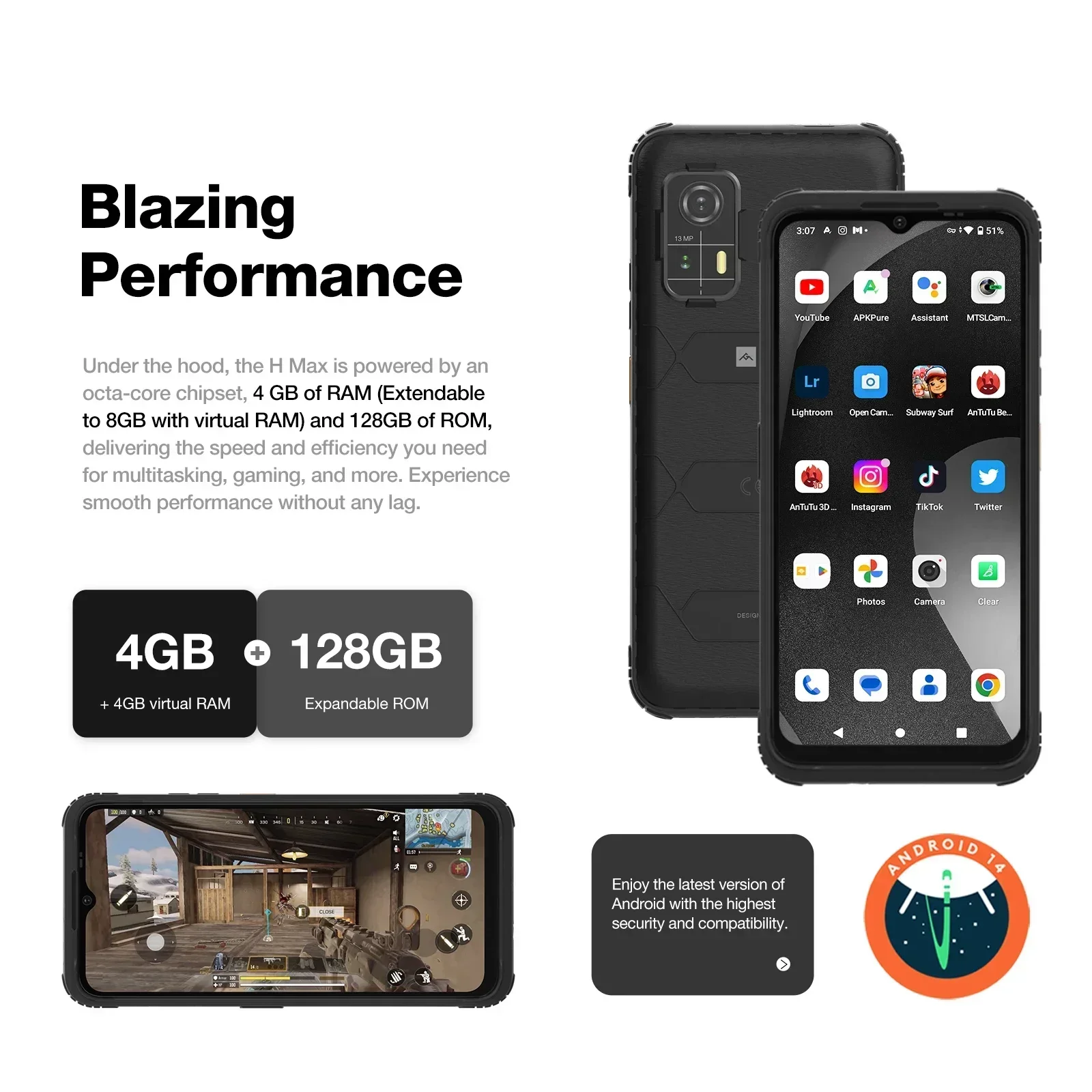 AGM H MAX Rugged Smartphone 10000mAh Battery, IP68 IP69K, Triple Card Slot, NFC, OTG, 6.56” HD+ 90Hz Display, 4+128GB, Unisoc 3