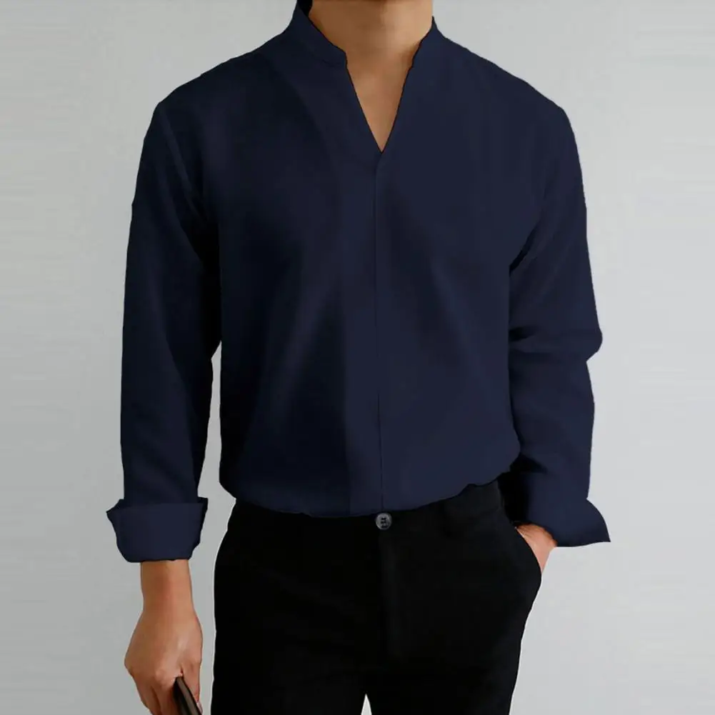 

2023 New Men Shirt Solid Color Thin All Match Long Sleeve V Neck Summer Tops Daily Clothes