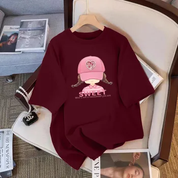 Abbigliamento da donna Cappello chic Ragazza Stampa Tshirt Estate Nuovo elegante dolce puro cotone Basic Top Tee Office Lady Pullover a maniche corte 1