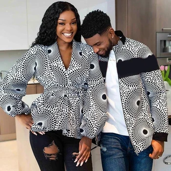 Suen V-neck Lantern Sleeve Top and Jacket Print Outfit