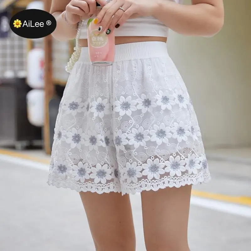 Women Summer High Waist Shorts Lace Crochet Embroidery Wigh Leg Shorts Lolita Loose 2 Layers Underskirt Safety White Shorts