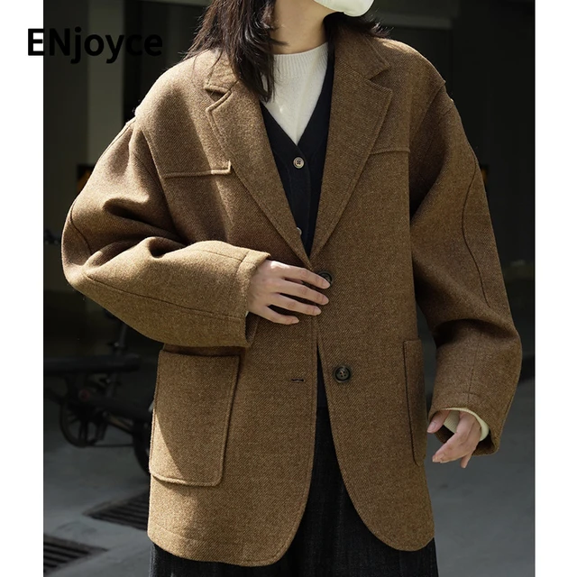 2022 Winter Women Retro Dark Coffee Pure Wool Lapel Suit Blazer Korean  Style Loose Wide Shoulder Work Wear Jacket Thicken Coats - Blazers -  AliExpress