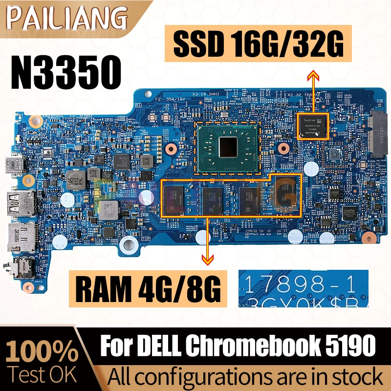 17898-1 Материнская плата для ноутбука DELL Chromebook 5190 Φ 0CRWW1 0GG0NX N3350 RAM 4G 8G SSD 16G 32G, полностью протестированная