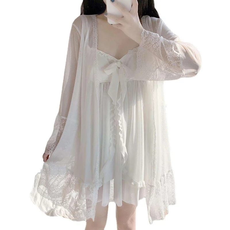 

Summer Dress Women's Nightgown Sexy Suspender Nightdress Pyjamas Female Lace Nightwear Robe Home Clothes Pijama Loungewear Suit