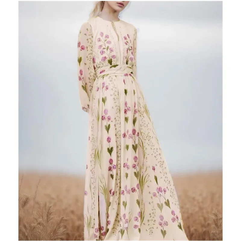 

2024 Spring and Summer Floral Print O-neck Elegant Women Holiday Dress