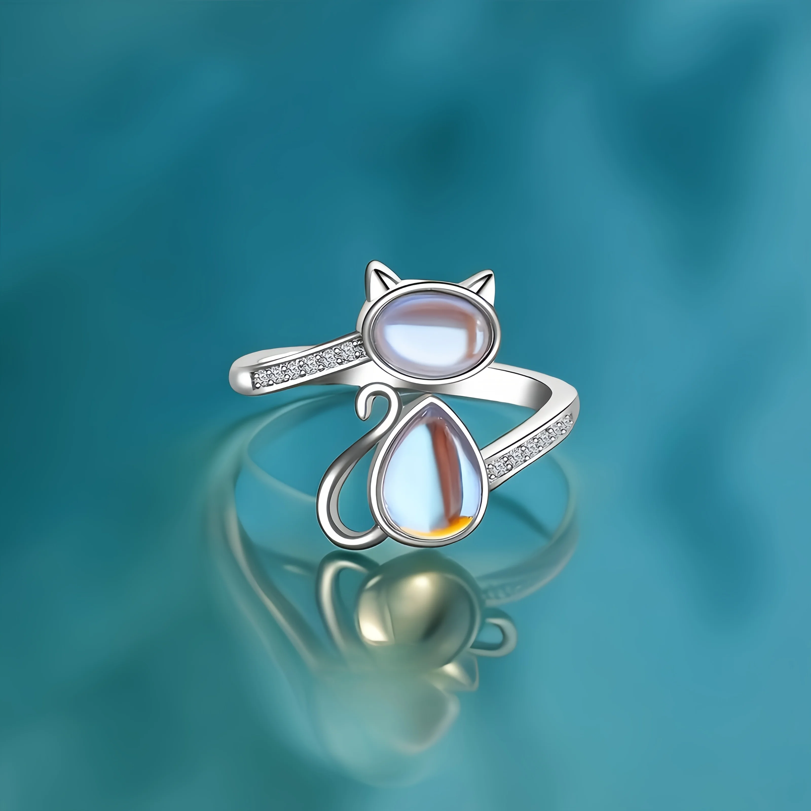 Cute Cartoon Design Cat-Shaped Imitation Moonstone Ring for Women Tiny Cat Adjustable Rings Daily Jewelry Gifts