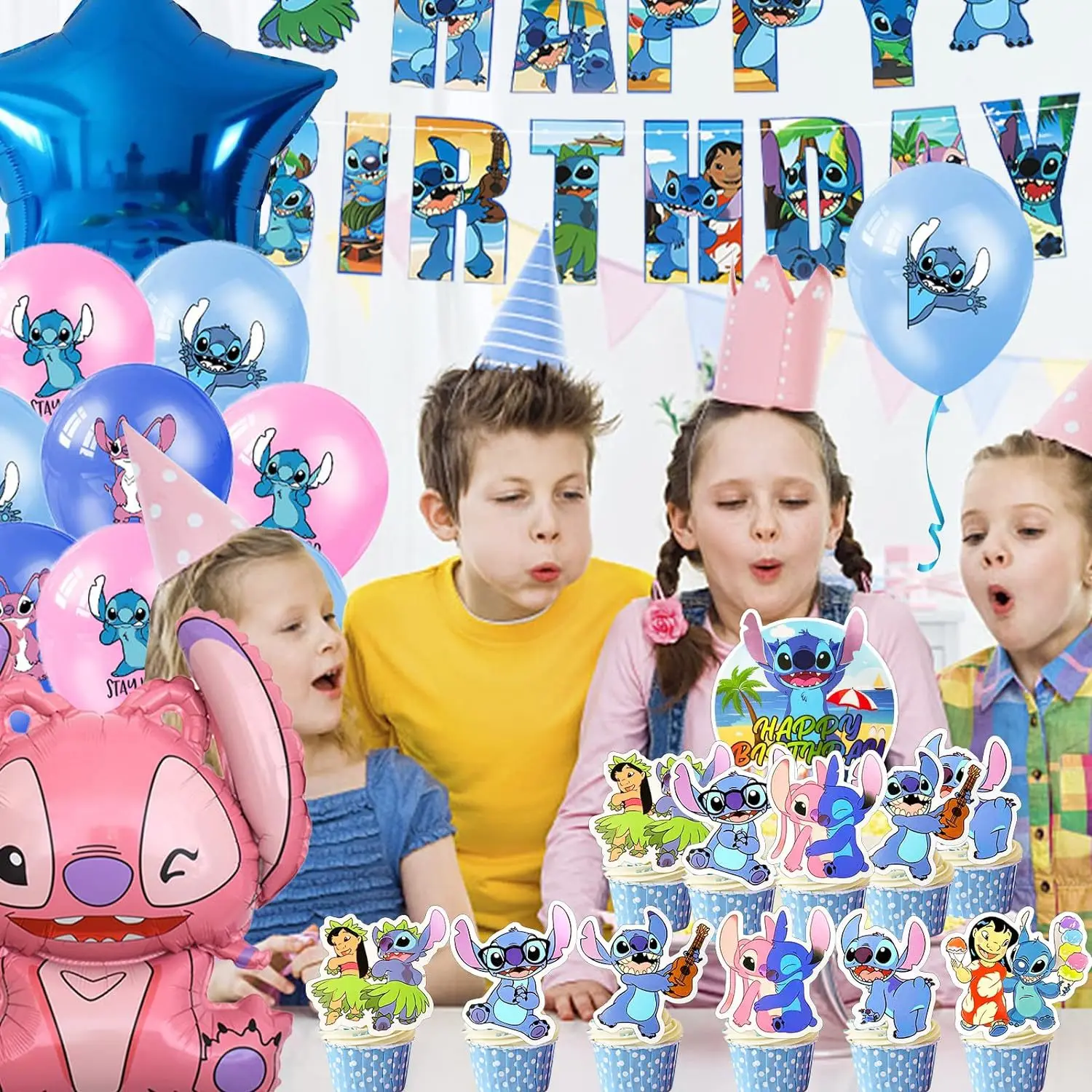 

Disney Anime Stitch Aluminum Film Balloon Theme Party Decorative Products Children's Lilo & Stitch Birthday Flag Cake Card Set