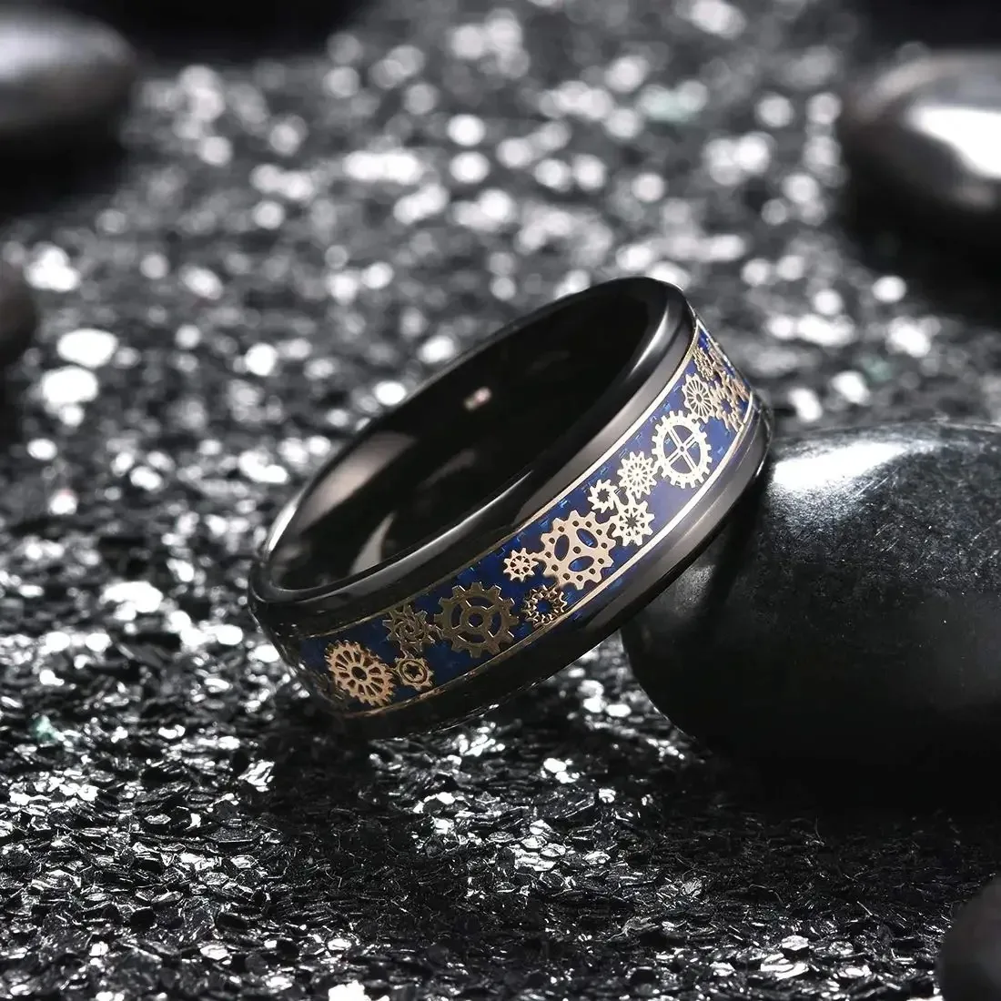 Fashion Steampunk Men Stainless Steel Gear Wheel Rings Inlay Blue Carbon Fiber Rings For Men Punk Wedding Jewelry