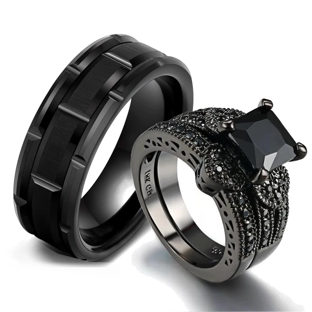 Couple Rings for Women Black Rhinestone Female Rings Set Trendy Men Stainless Steel Ring Wedding Fashion Jewelry for Lover Gifts