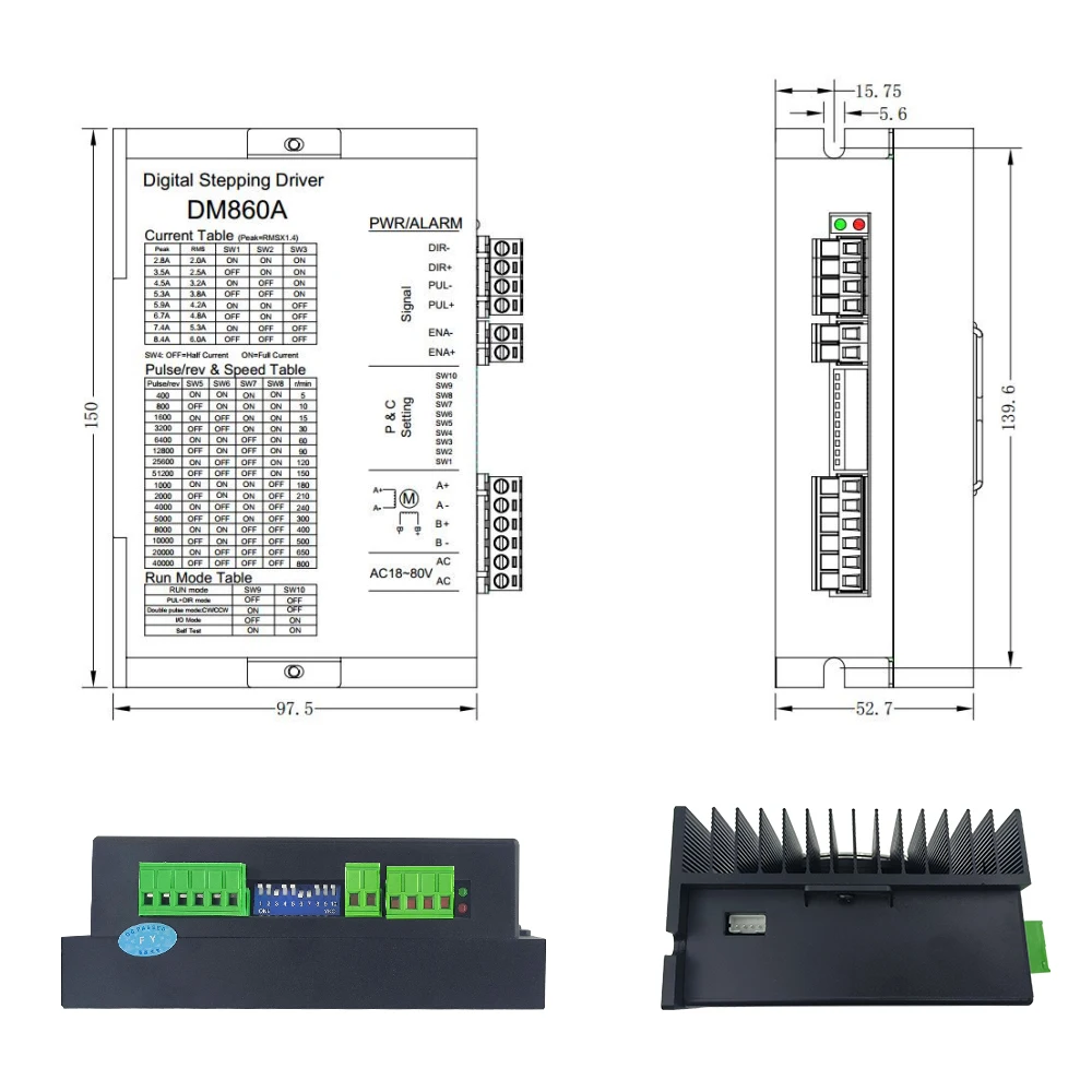 DM860A 마이크로스텝 모터 드라이버, Nema34 스텝퍼 모터 공급 전압 AC18-80V DC24-110V, CNC용 200kHz 8.4A
