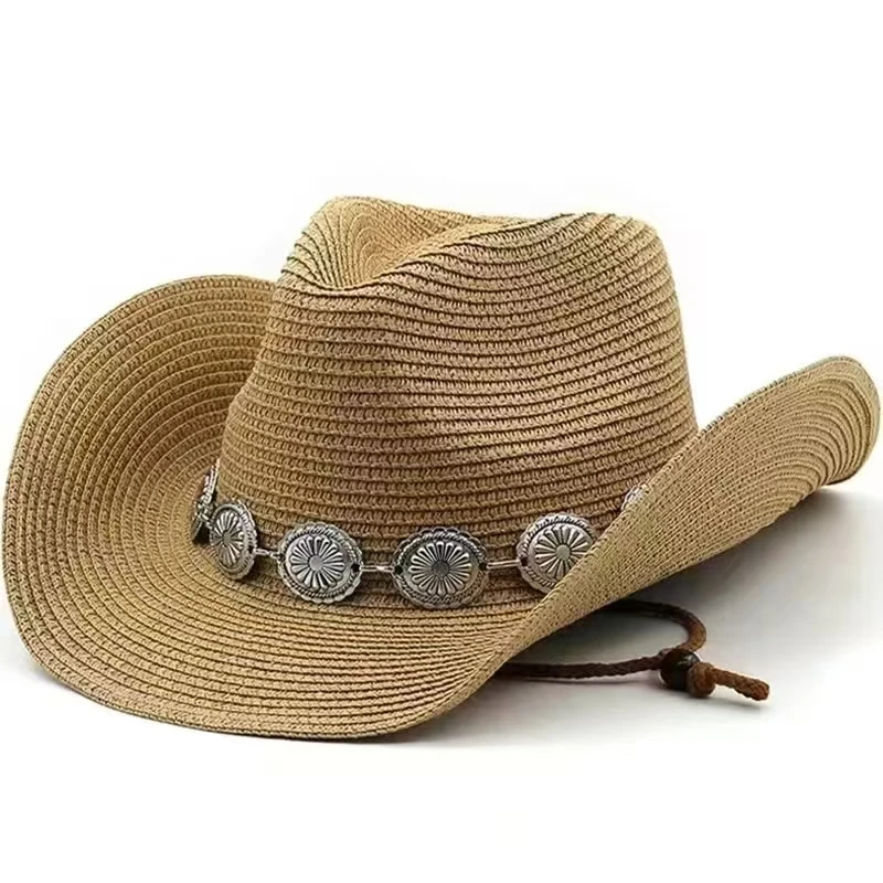 

Шляпа в западном стиле для мужчин и женщин, Соломенная пляжная Панама от солнца, с вырезами, в стиле панк, элегантная, ковбойская