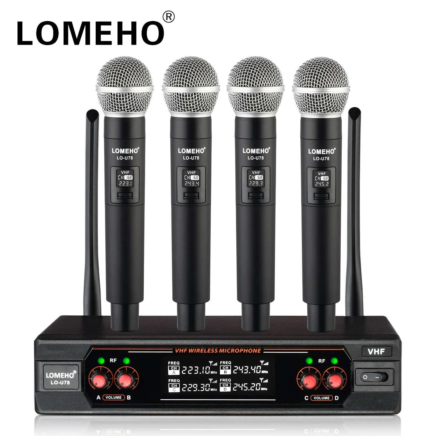 

LOMEHO 4 Handheld Wireless Mic System VHF Fixed Frequency 30m Home Party Cordless Dynamic Microphone LO-U78 for Classroom KTV