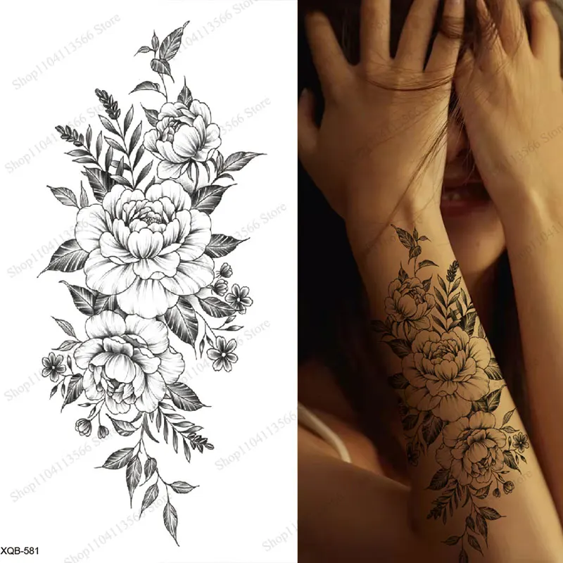 Black Flower Temporary Tattoos for Women Butterfly Bird Floral Fake Tattoo for Arm Body Sleeve Decor Waterproof Tattoo Stickers temporary tattoos