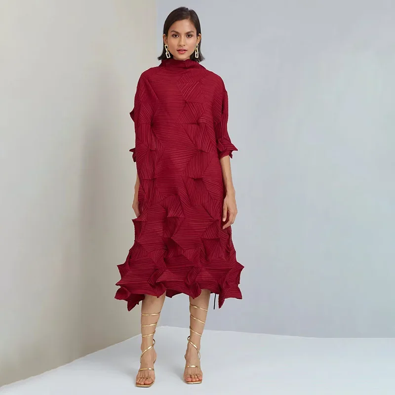 2024 Miyake Wrinkle Original Design Handmade Diamond Wrinkle Fashion Elegant Loose Mid Length Party Dress Spring Best Seller - Image 5