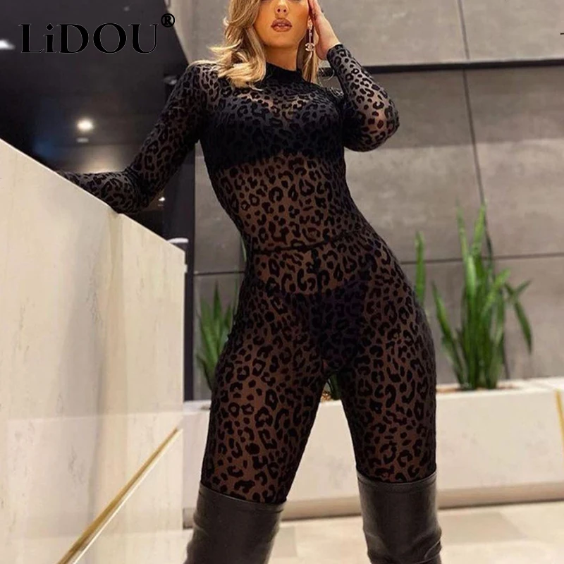 Spring Summer Nightclub Fashion Sexy Perspective Mesh Jumpsuit Ladies Long Sleeve Slim Rompers Women Playsuit Female Clothes ingoo mesh patchwork sexy sheer bodysuit long sleeve ladies bodysuit overall romper party night club womens body suits top