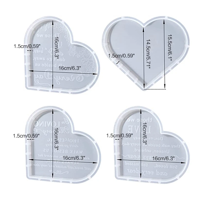 Silicone Large Heart Mold 4 Pcs Set Love Words Pattern Resin Epoxy