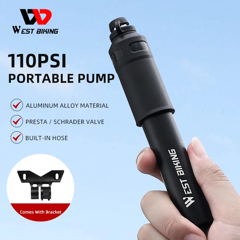 

WEST BIKING Mini Portable Bicycle Pump 110PSI Pressure Aluminum Alloy Air Pump Cycle Tire Inflator For MTB Road Bike Accessories