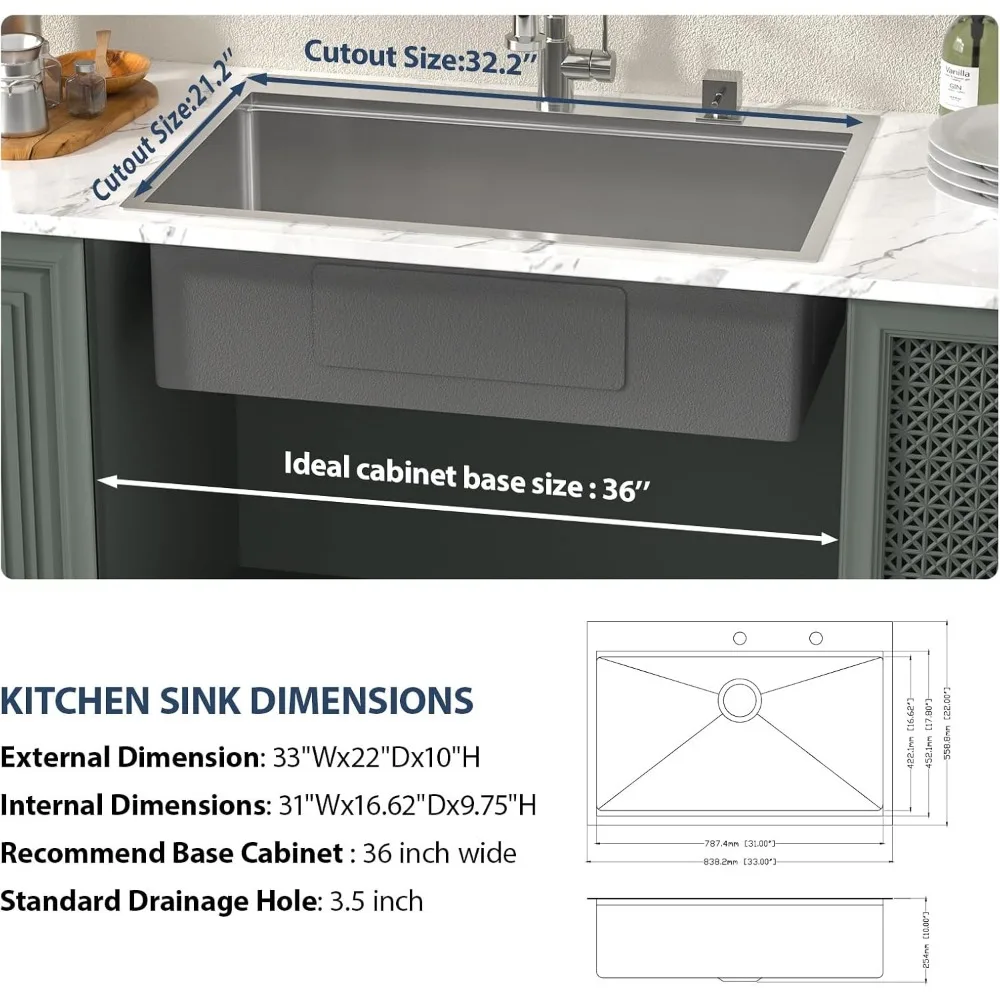 33x22 Kitchen Sinks Workstation, Drop In Stainless Steel Single Bowl Handmade Topmount Kitchen Sink w/Cutting Board 6