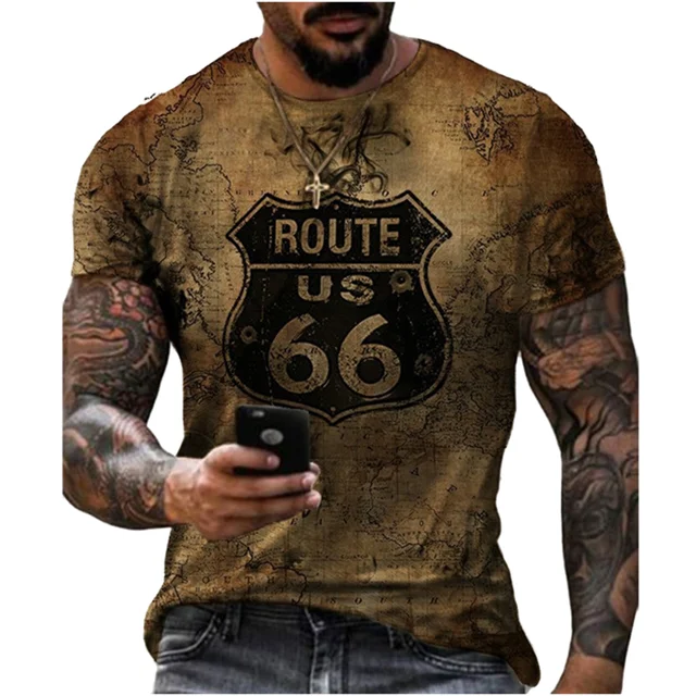 Summer New Men's Retro T-shirt US Route 66 Letter Print Short-Sleeved Oversized Loose y2k Clothes O Neck Top Streetwear 6xl