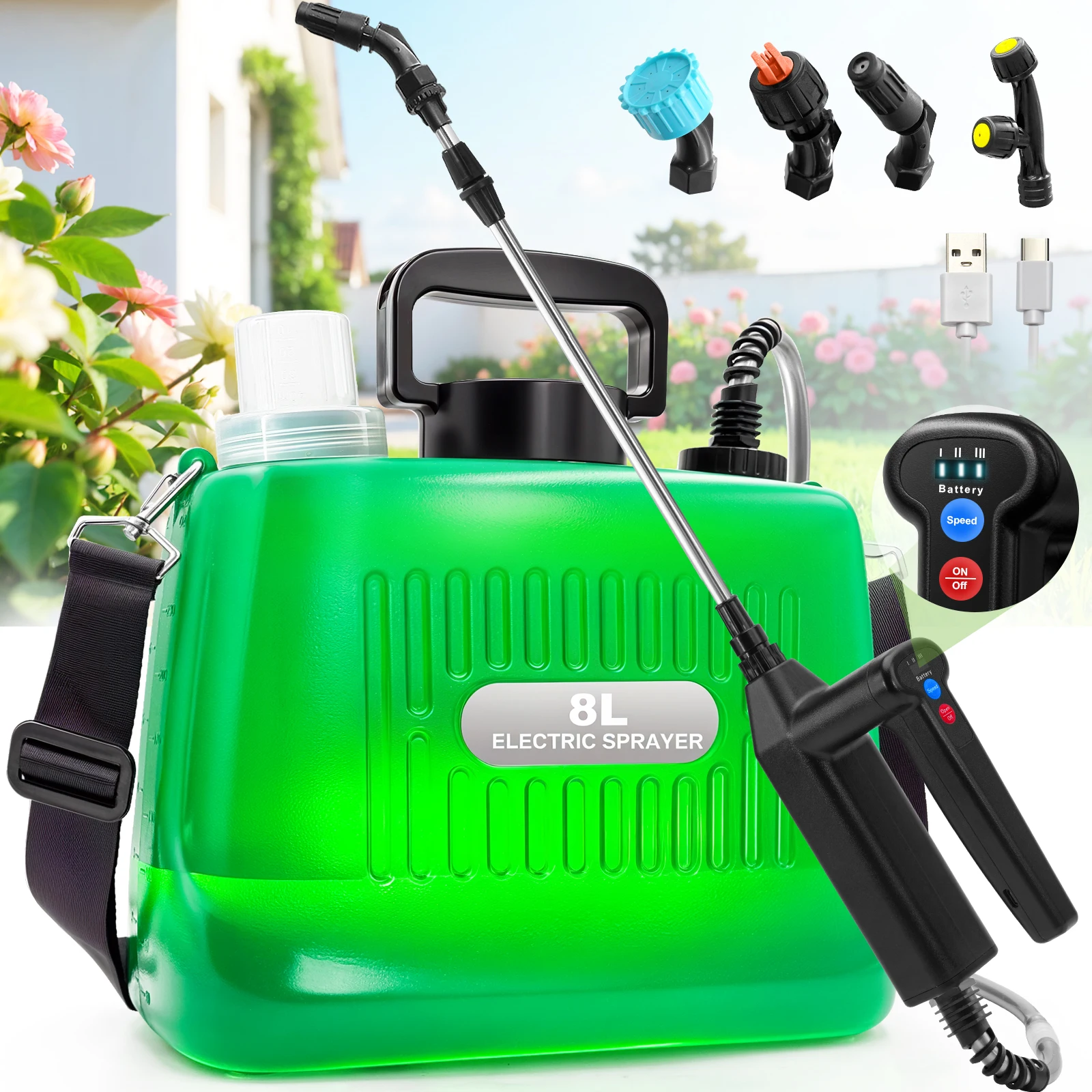 VAXMAY 8L Green Battery Powered Sprayer 2 Gallon Rechargeable Upgrade Electric Sprayer with 3 Adjustable Speed Battery Indicator