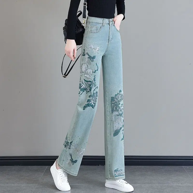 

Embroidered jeans wide leg pants 2024 new Chinese high-waisted country style loose straight pants
