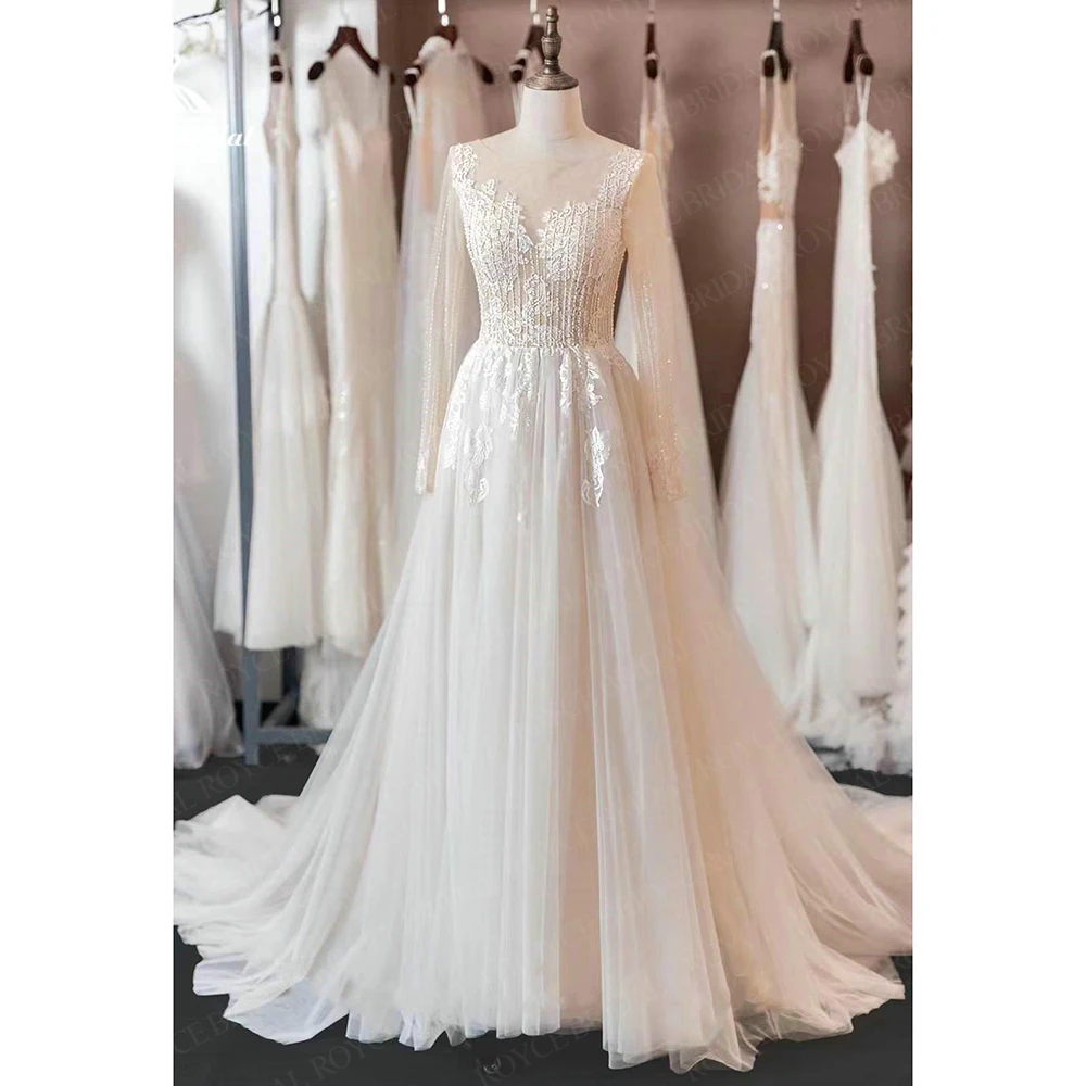 Scoop Neck Sexy Lace Tulle Long Sleeve 2023 New Ladies A Line vitable Wedding Dresses Bride