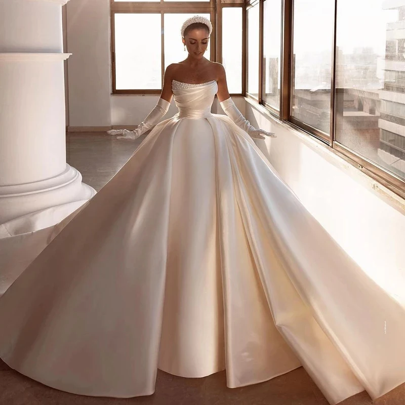 Elegant Wedding Dresses 2024 Pearls Modern Bridal Beach Boho Gowns Sweep Train A-Line Satin Ball Plus Size Vestidos De Novia فست chiffon a line bridal gowns 2021 elegant scoop neck applique casp sleeve sweep train plus size wedding dress