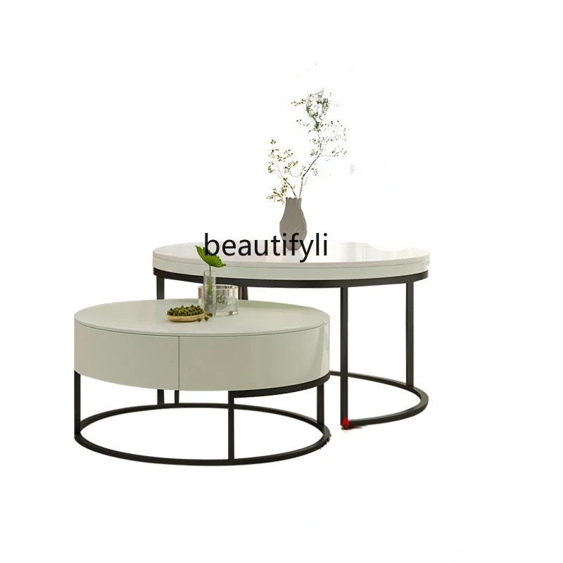 

Ljq round Combined Tea Table TV Cabinet Unit Small Apartment Living Room White