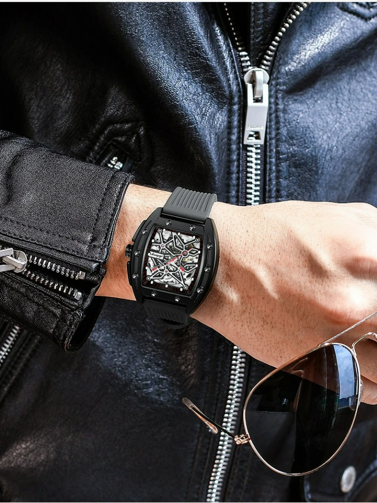 AILANG Herren Automatik-Mechanische Uhr - Tonneau Skelett-Zifferblatt 3ATM Wasserdicht Herrenuhr Leuchtende Gummiarmband Armbanduhr – Detail 6