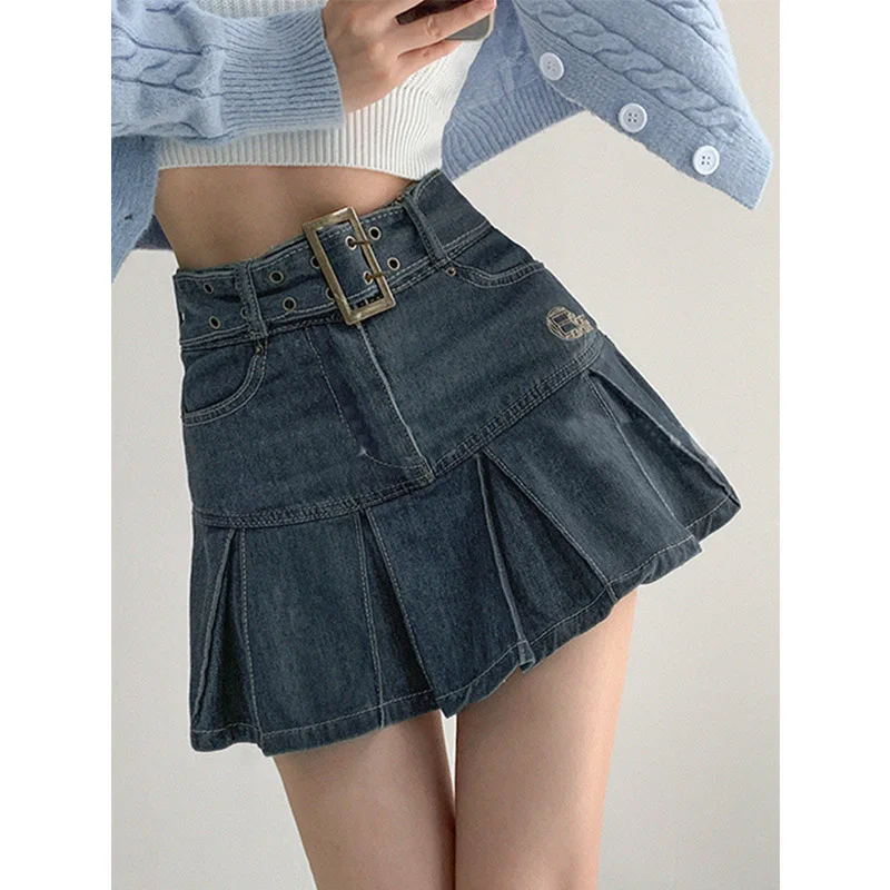 

2023 Summer New Denim Short Skirt Women Retro Sexy High Waist A-line Pleated Skirt Ladies Korean Fashion Hot Girl Style Skirt