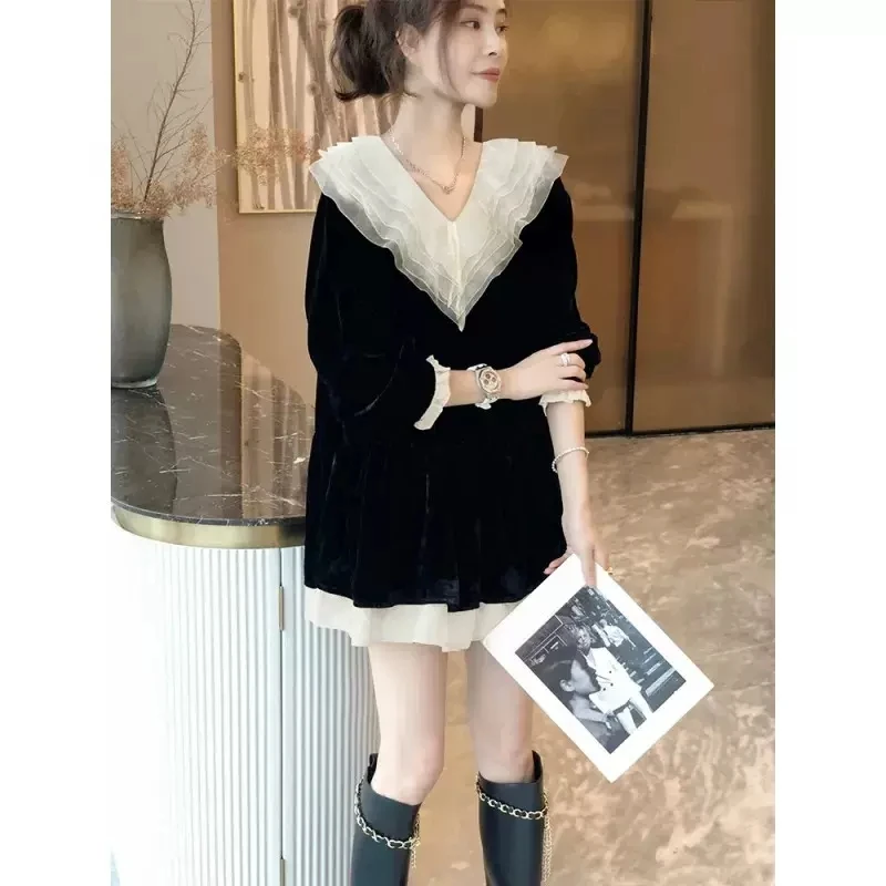 

Cute Gold velvet False Two-piece Dress For Women Clothing 2023 New Spring Autumn Oversize Loose V-neck Black Dress JP805