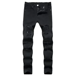 New Solid Color Splicing Men Mid-Waist Slim Jeans Ripped Pleated Stretch Hip Hop Pants Motorcycle Straight Leg Beggar Trousers