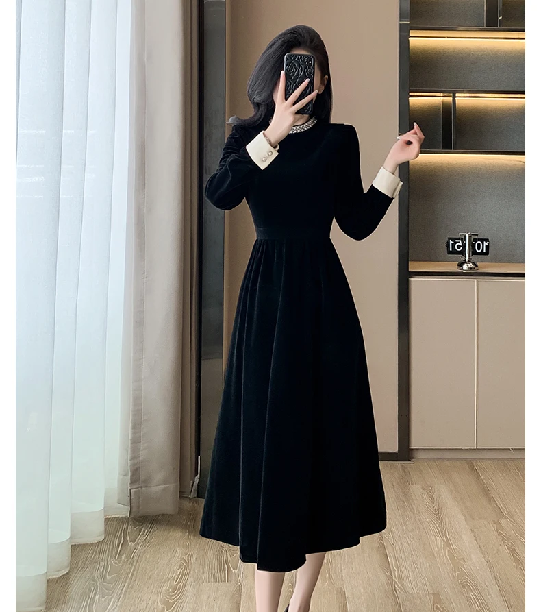 Mujer Primavera Verano Nuevo Elegante Terciopelo Patchwork Midi A Line Vestidos Oficina Dama Manga Larga Fiesta Moda Una Pieza Bata