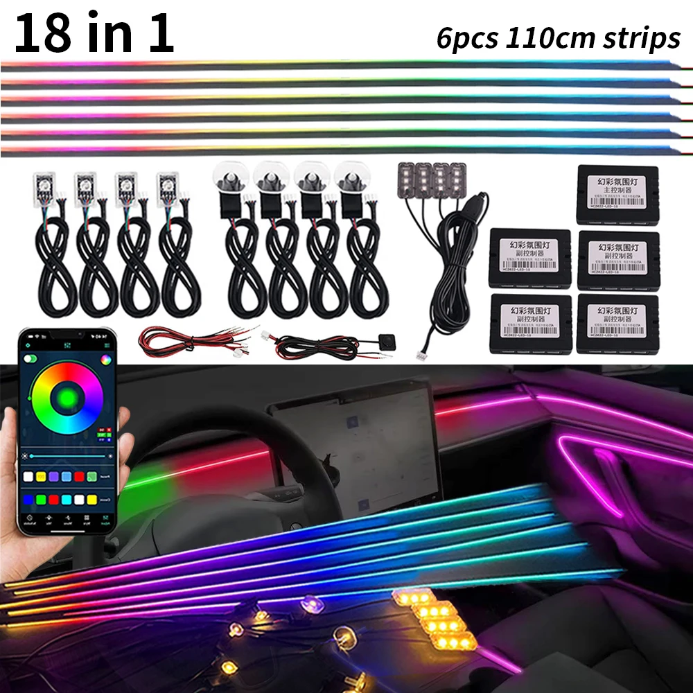 Luz ambiental sinfónica LED 18 en 1 para coche, tira acrílica de 110cm de longitud, Streamer de colores, lámpara Rgb, atmósfera de decoración Interior