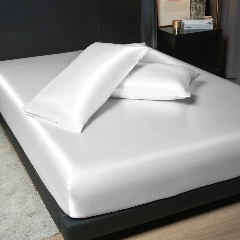 Pure White Satin Frosted Bedsheet, Silk-Like Bedroom Bedspread, Bedding,Fitted Sheet(Excluding Pillowcases)1 Piece 2