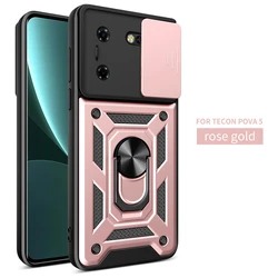 Enhanced Slide Camera Protection Phone Case with Armor and Magnetic Ring Holder Back Cover for Tecno Pova 5 (Rose Gold)