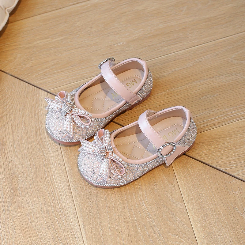 Princess Kids Leather Shoes for Girls Casual Glitter Low Heel Beaded Butterfly Knot Pink Silver