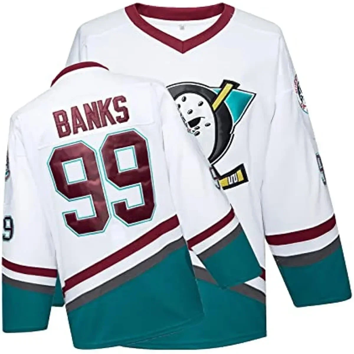 The Mighty Ducks Movie Ice Hockey Jersey Conway 96#  Banks 99#  Stitched White Long Sleeve